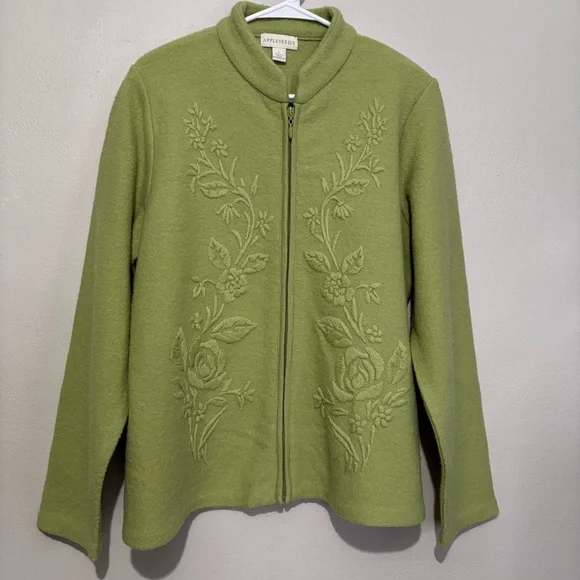 Vintage Green Wool Floral Brocade Cardigan Button Jacket Size Large Appleseed's - Picture 5 of 8